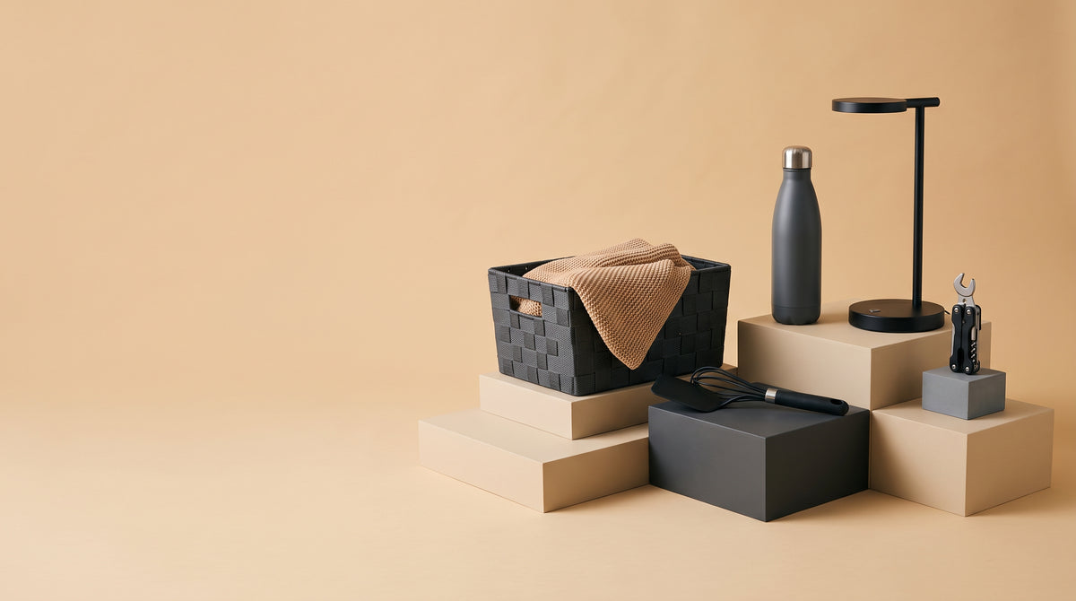Assorted everyday products on display blocks